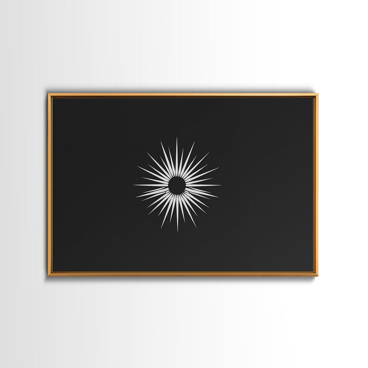 White Sunburst Eclipse Wall Art, Minimalist Black Modern Art Print, Midcentury Atomic Geometric Decor, Framed Canvas Print