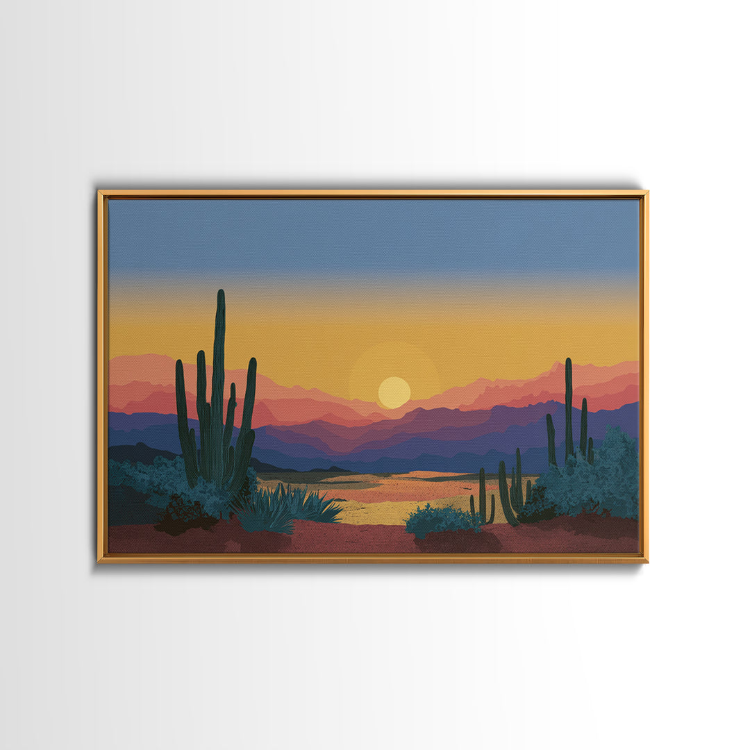Blue Gold Desert Sunset Wall Art, Saguaro Cactus Landscape Print, Midcentury Modern Art Poster, Southwestern Home Decor, MCM Decor