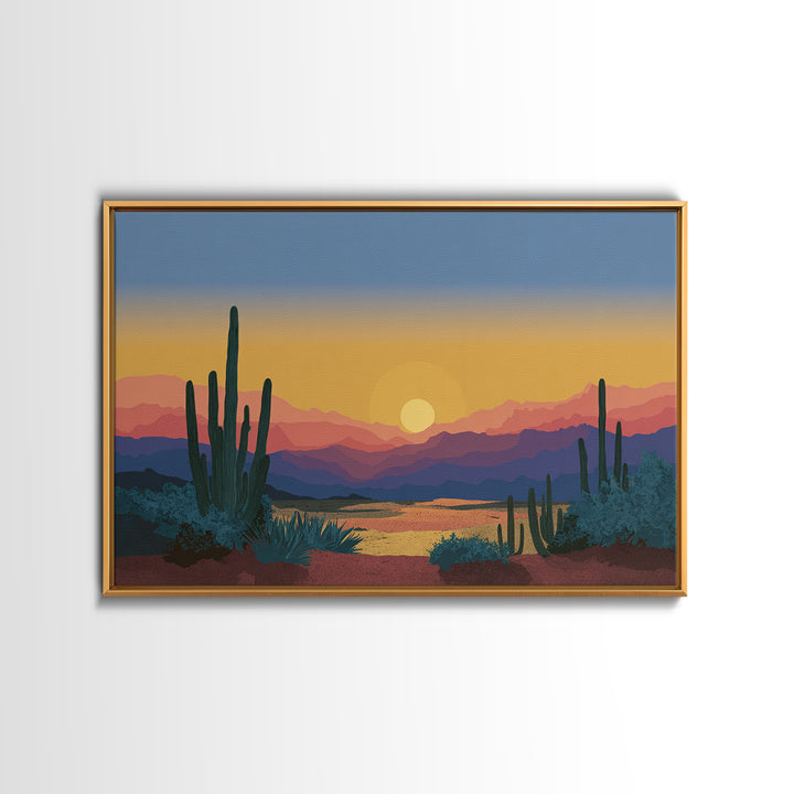 Blue Gold Desert Sunset Wall Art, Saguaro Cactus Landscape Print, Midcentury Modern Art Poster, Southwestern Home Decor, MCM Decor