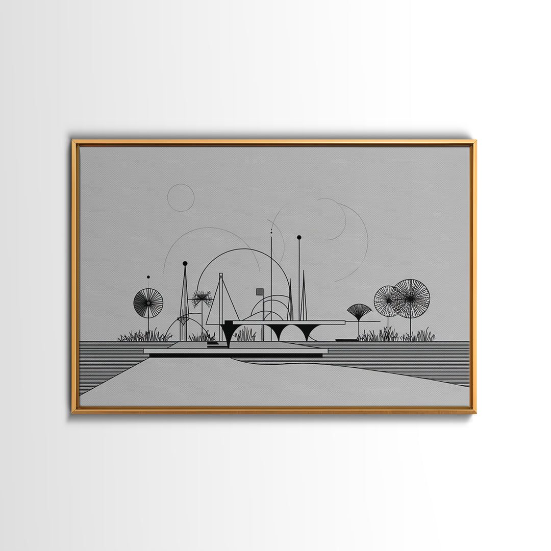 Black White Architectural Line Wall Art, Midcentury Modern Abstract Print, Atomic Ranch Landscape, Minimalist Home Decor