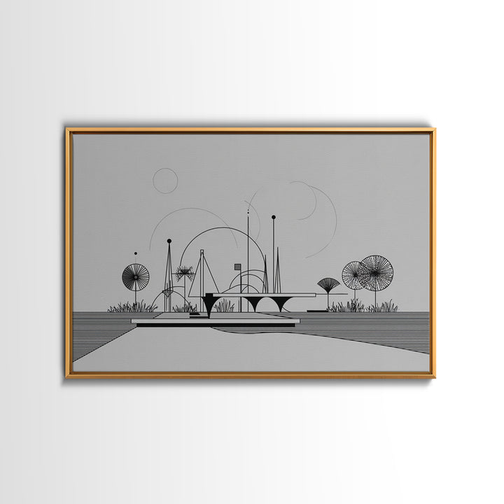 Black White Architectural Line Wall Art, Midcentury Modern Abstract Print, Atomic Ranch Landscape, Minimalist Home Decor
