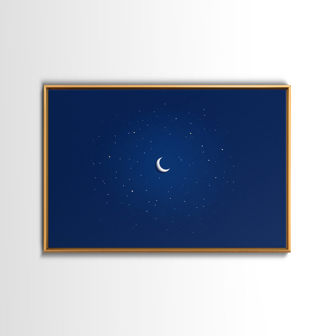 Minimal Crescent Moon Stars Wall Art, Deep Blue Night Sky Print, Modern Celestial Poster, Nursery Bedroom Wall Decor, Kids Room Decor