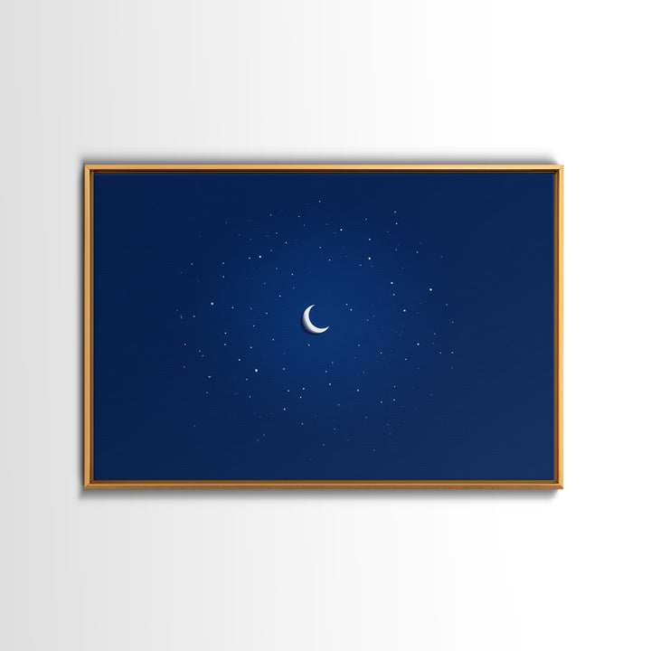 Minimal Crescent Moon Stars Wall Art, Deep Blue Night Sky Print, Modern Celestial Poster, Nursery Bedroom Wall Decor, Kids Room Decor