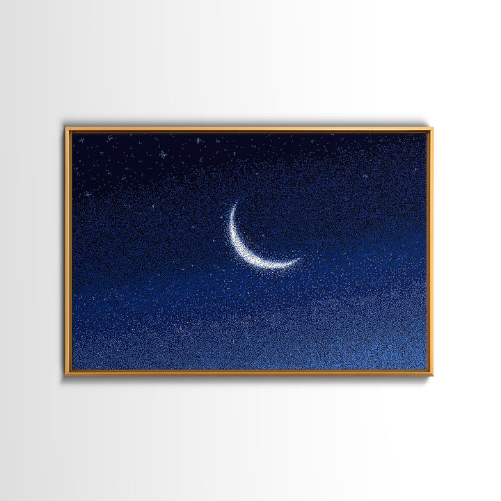 Glowing Crescent Moon Starry Sky Canvas Print, Blue Celestial Wall Art, Modern Night Poster, Minimalist Bedroom Decor, Nursery Decor