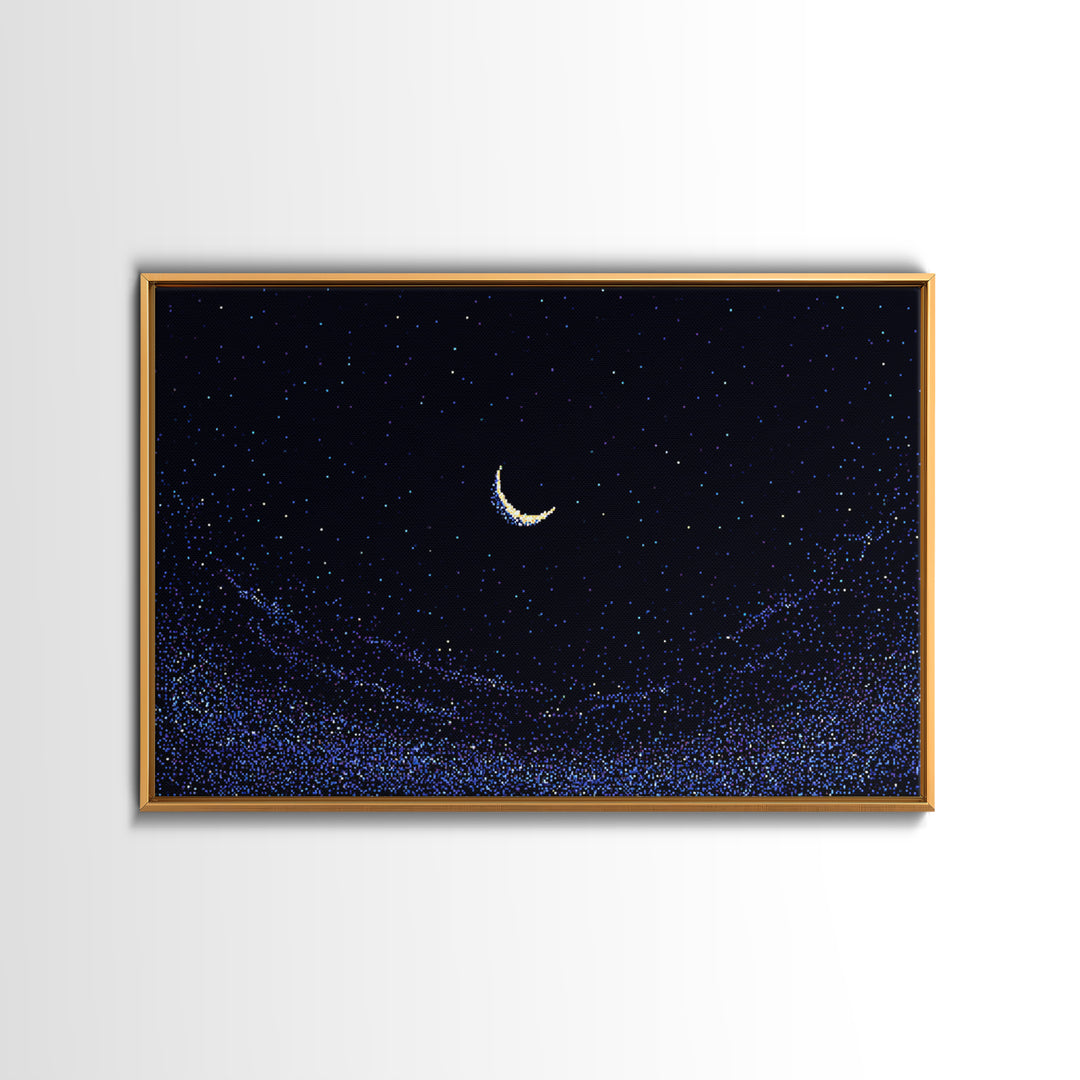 Crescent Moon Starry Night Wall Art, Pixel Sky Landscape, Blue Celestial Poster, Retro Modern Decor, Bedroom Print Gift Idea