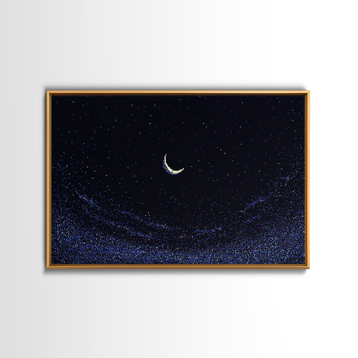 Crescent Moon Starry Night Wall Art, Pixel Sky Landscape, Blue Celestial Poster, Retro Modern Decor, Bedroom Print Gift Idea