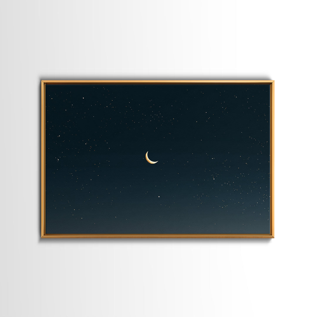 Minimal Crescent Moon Canvas Print, Teal Starry Sky, Celestial Night Landscape, Modern Wall Decor, Bedroom Poster Gift Idea