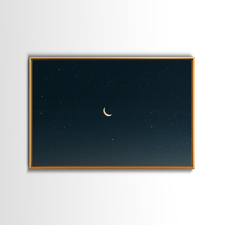 Minimal Crescent Moon Canvas Print, Teal Starry Sky, Celestial Night Landscape, Modern Wall Decor, Bedroom Poster Gift Idea