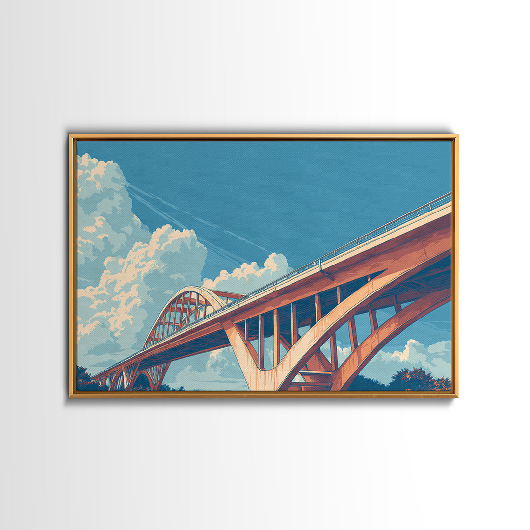 Sunlit Arch Bridge Framed Canvas Print, Modern Architecture Wall Art, Blue Sky Cloudscape, Travel Poster, Office Decor Gift Idea