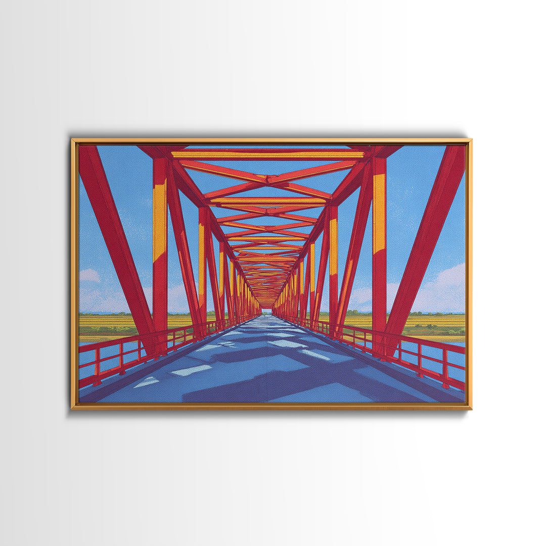 Red Truss Bridge Perspective Wall Art, Geometric Architecture Canvas Print, Bold Modern Decor, Office Poster, Travel Gift