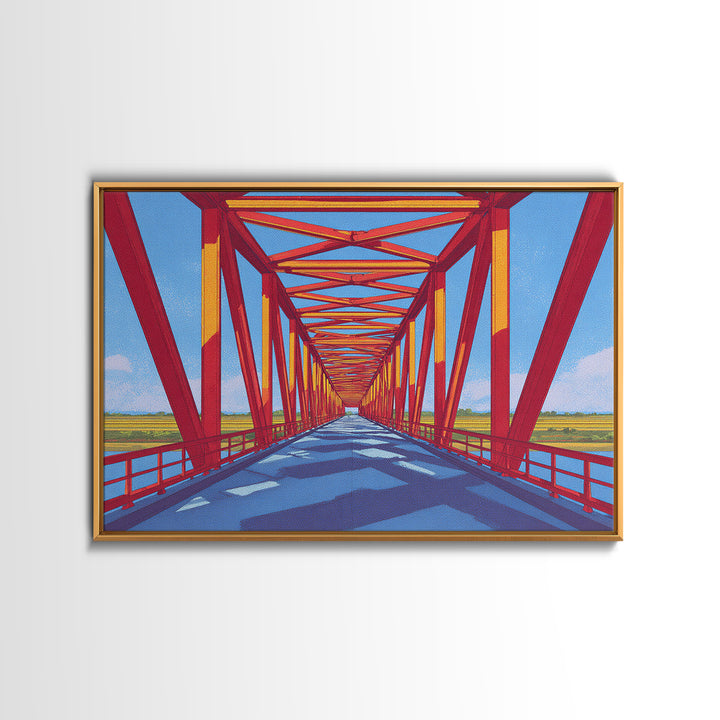 Red Truss Bridge Perspective Wall Art, Geometric Architecture Canvas Print, Bold Modern Decor, Office Poster, Travel Gift