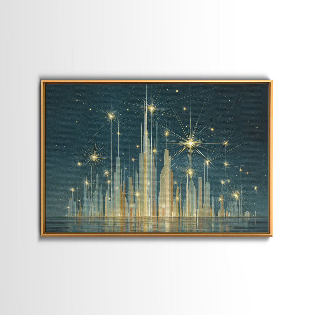 Golden Art Deco Skyline Wall Art, Firework Starburst Cityscape Canvas Print, Teal Modern Decor, Living Room Poster Gift