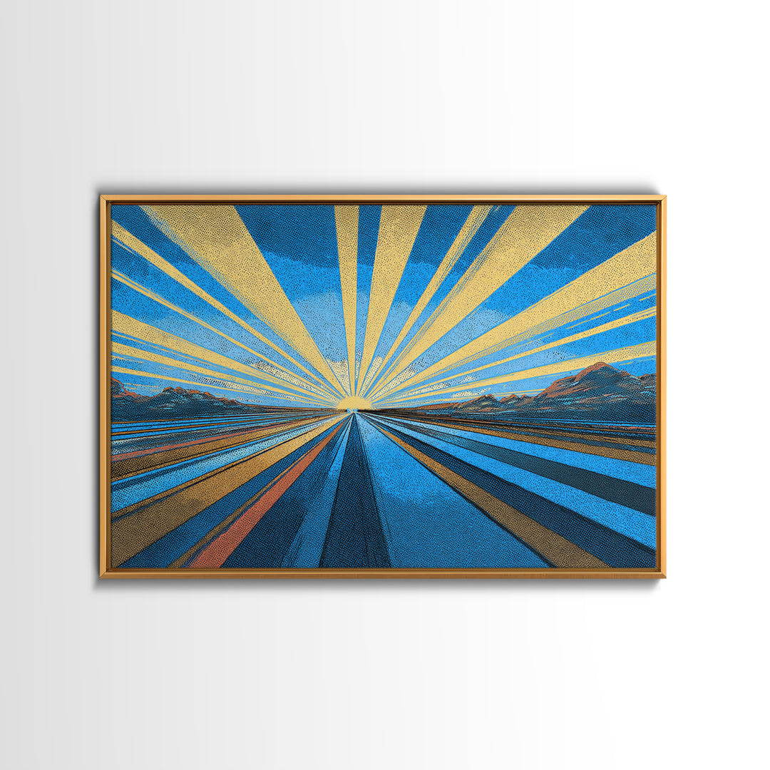 Blue Gold Sunburst Road Wall Art, Midcentury Modern Poster, Geometric Landscape Print, Retro Travel Decor, Office Decor Gift