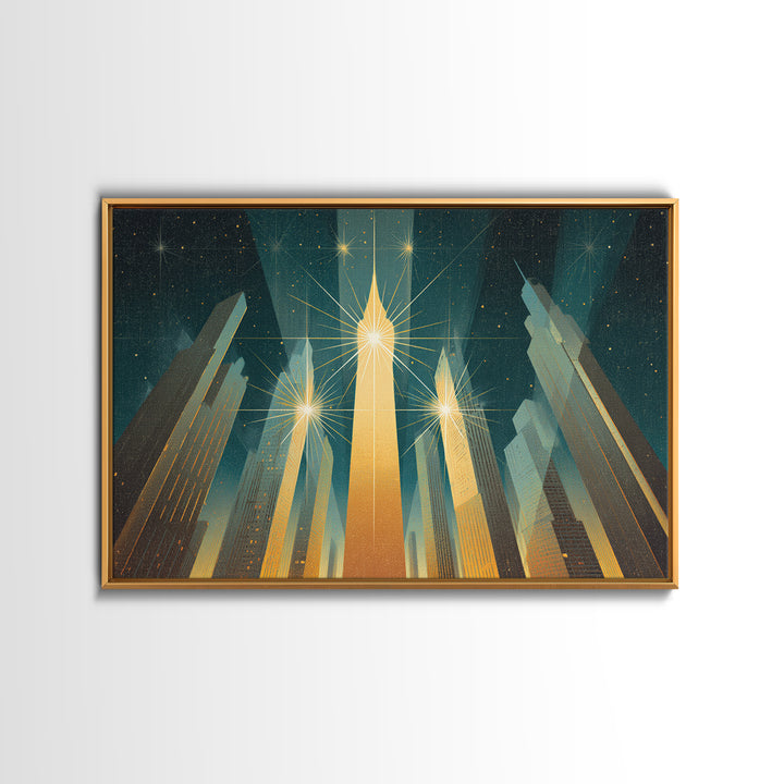 Radiant Art Deco Skyscrapers Canvas Print, Golden Starburst City Wall Art, Modern Retro Poster, Office Decor Gift Idea Print