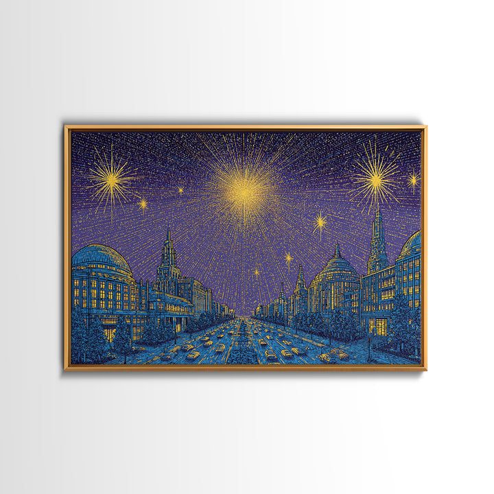 Golden Fireworks Over Retro City Skyline Wall Art, Mid Century Modern Poster, Blue Urban Landscape, Office Decor Print Gift