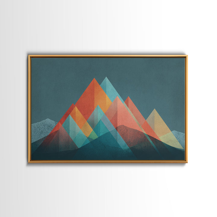 Transparent Geometric Mountain Peaks Canvas Print, Mid Century Modern Abstract Art, Teal Orange Wall Decor, Living Room Print