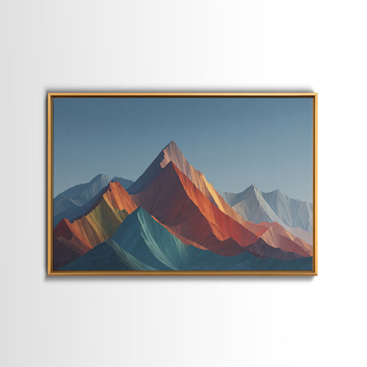Faceted Rainbow Mountain Range Framed Canvas Print, Mid Century Modern Wall Art, Geometric Landscape, Bold Living Room Home Decor Print