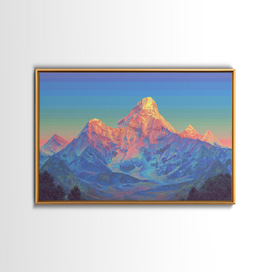 Pastel Himalayan Mountain Glow Canvas Print, Colorful Mid Century Modern Wall Art, Sunrise Landscape, Living Room Decor Print