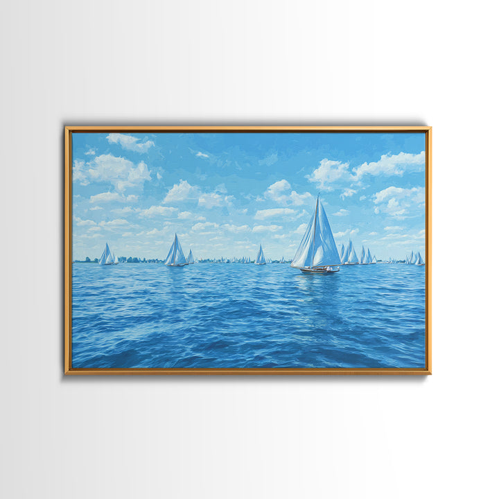 Blue Sailboats On Sparkling Summer Sea Wall Art, Coastal Modern Art Print, Nautical Decor, Beach House Living Room Poster