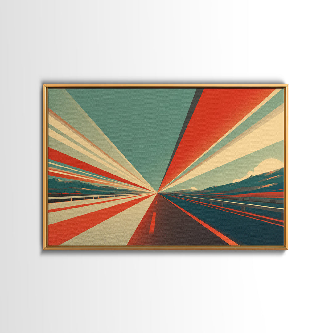 Retro Red Teal Highway Rays Canvas Print, Midcentury Modern Wall Art, Desert Road Poster, Bold Geometric Office Decor Print