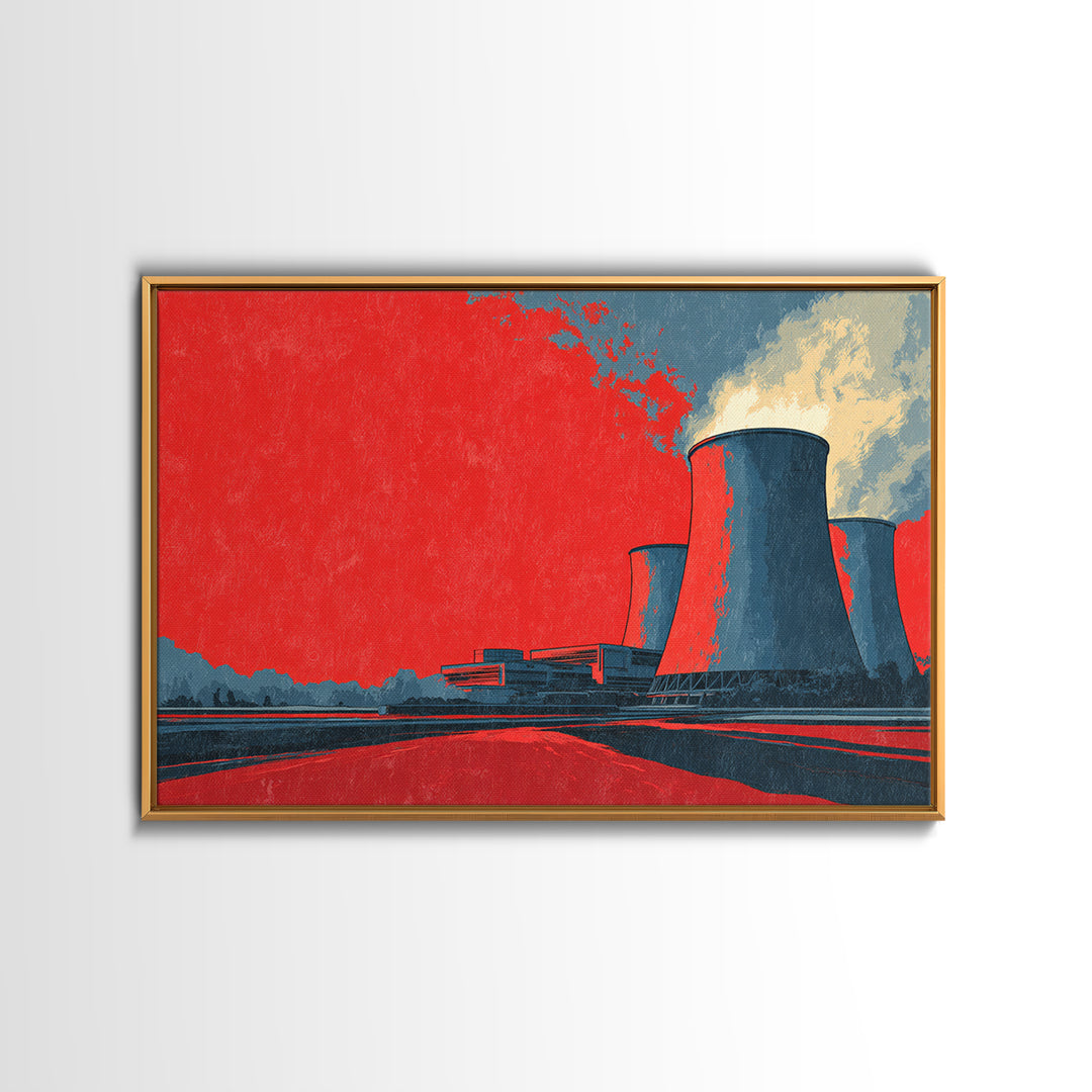 Red Industrial Cooling Tower Landscape Canvas Print, Atomic Retro Wall Art, Modern Architecture Decor, Bold Statement Poster