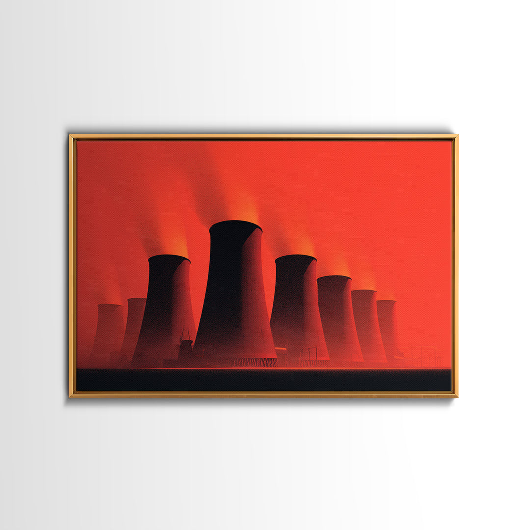 Red Nuclear Cooling Tower Silhouettes Canvas Print, Midcentury Modern Art, Retro Wall Art, Bold Orange Modern Home Decor