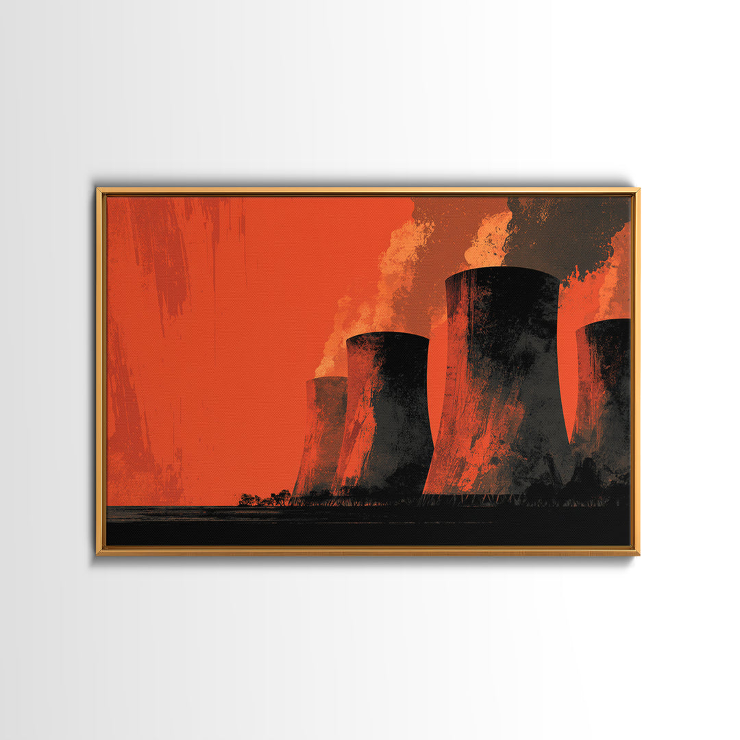Smoky Cooling Towers In Orange Haze Framed Canvas Print, Midcentury Modern Art, Retro Wall Art, Moody Industrial Home Decor