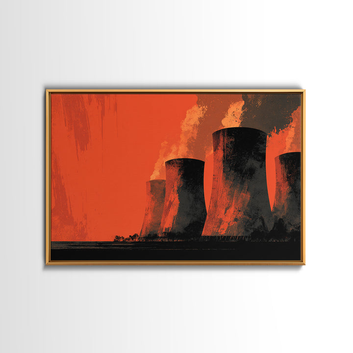 Smoky Cooling Towers In Orange Haze Framed Canvas Print, Midcentury Modern Art, Retro Wall Art, Moody Industrial Home Decor