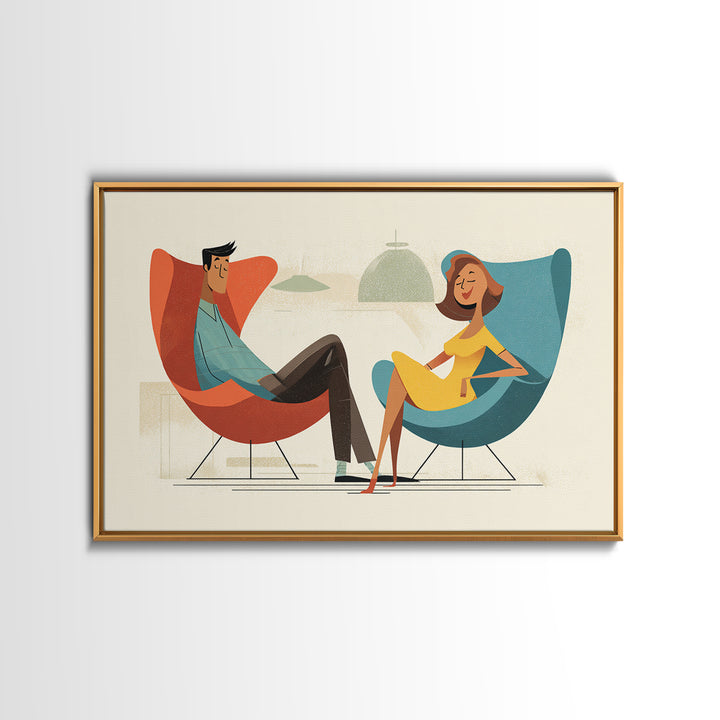 Stylish Couple In Egg Chairs Canvas Print, Midcentury Modern Art, Retro Wall Art, Atomic Lounge Decor, Colorful Home Print