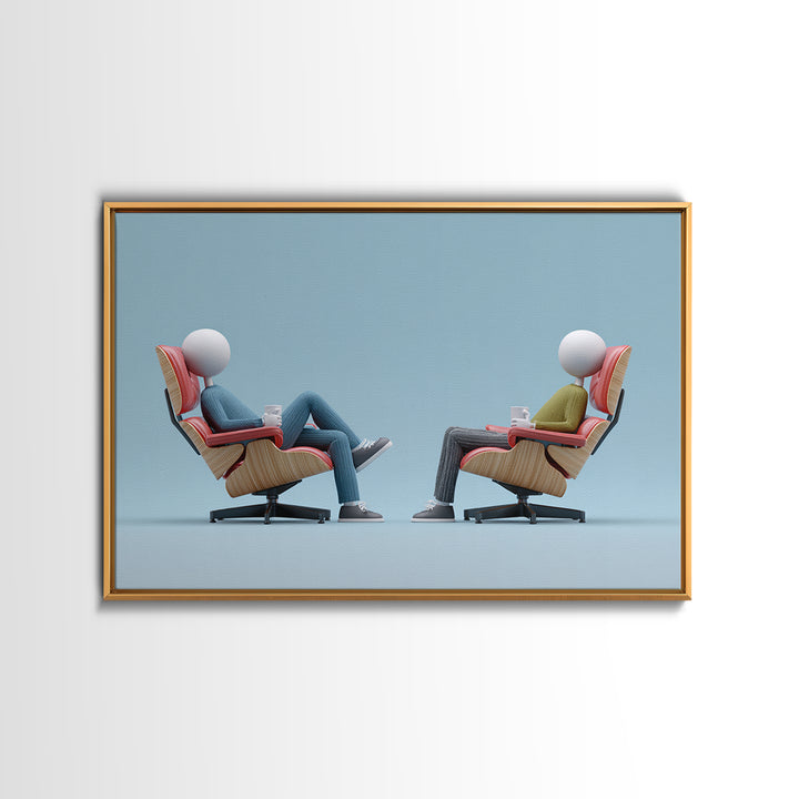 Faceless Figures In Retro Lounge Chairs Framed Canvas Print, Midcentury Modern Art, Minimalist Wall Art, Blue Office Decor