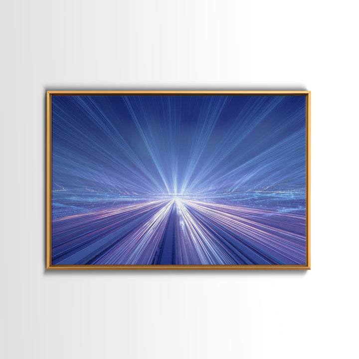 Electric Blue Light Trail Framed Canvas Print, Modern Abstract Art, Futuristic Highway Wall Decor, Sci Fi Office Poster Print