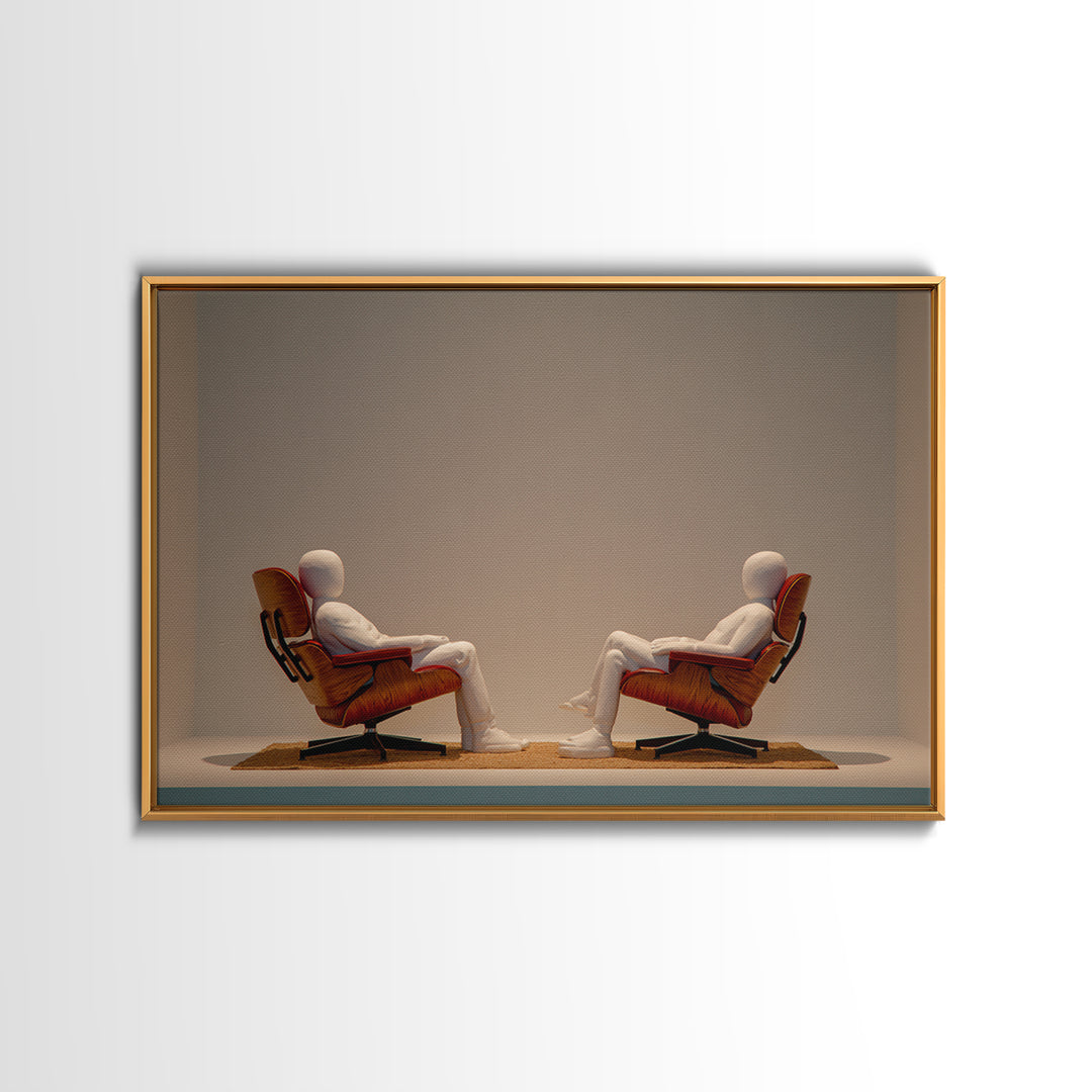 Minimal Figures Facing In Lounge Chairs Canvas Print, Midcentury Modern Art, Retro Wall Art, Neutral Modern Home Decor Print