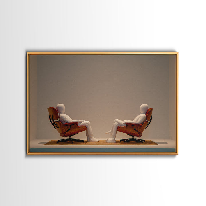 Minimal Figures Facing In Lounge Chairs Canvas Print, Midcentury Modern Art, Retro Wall Art, Neutral Modern Home Decor Print