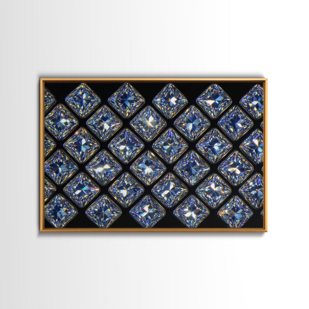 Blue Square Diamond Grid Canvas Print, Sparkling Geometric Wall Art, Modern Glam Decor, Black Luxury Poster, Gift For Her