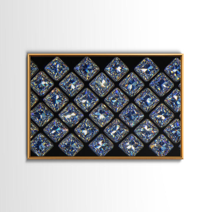 Blue Square Diamond Grid Canvas Print, Sparkling Geometric Wall Art, Modern Glam Decor, Black Luxury Poster, Gift For Her