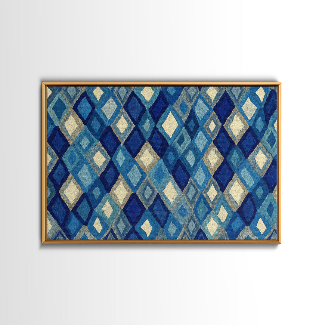 Blue Diamond Textile Pattern Wall Art, Geometric Modern Decor, Scandinavian Canvas Print, Coastal Abstract Poster For Home