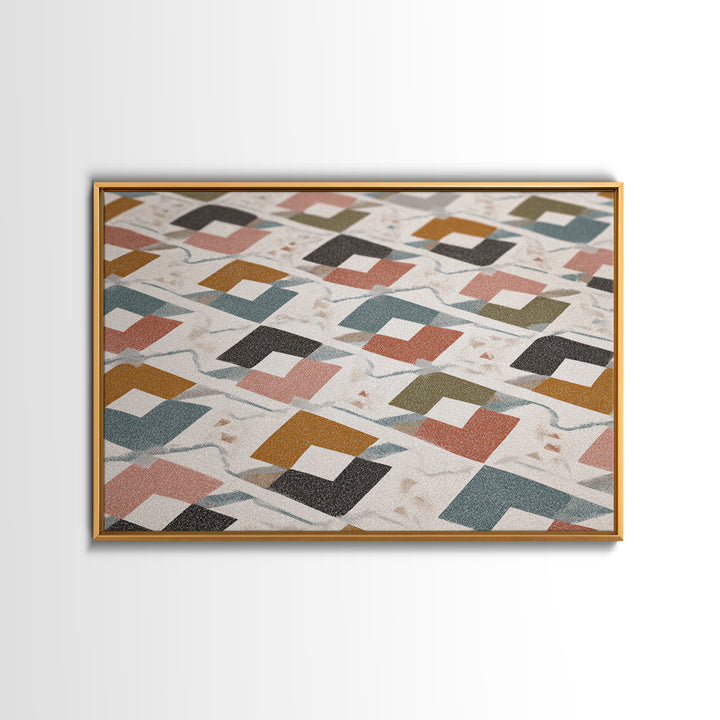 Retro Interlocking Square Pattern Wall Art, Mid Century Modern Decor, Geometric Canvas Print, Muted Color Textile Poster