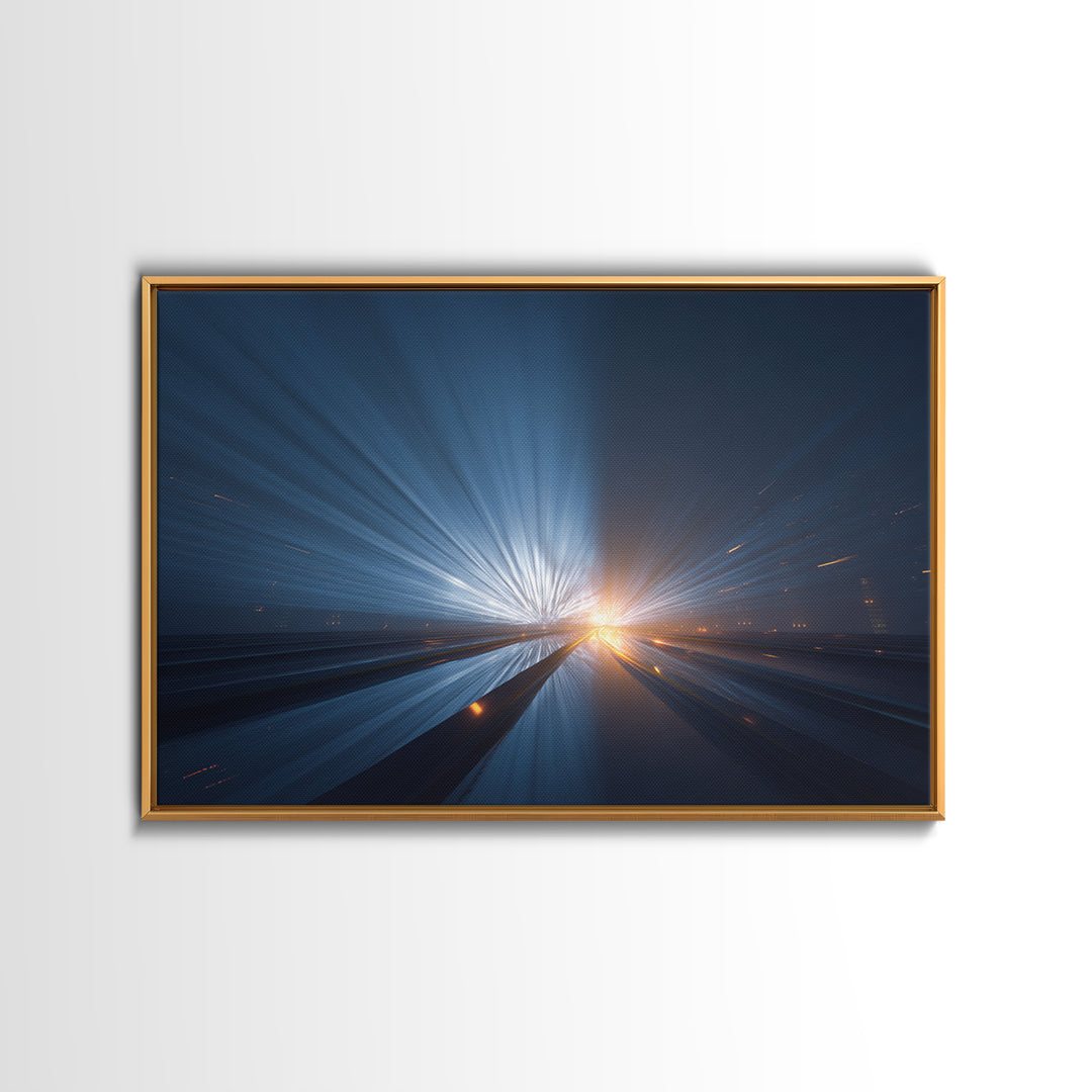 Dark Blue Highway Light Burst Canvas Print, Modern Abstract Art, Futuristic Wall Decor, Masculine Office Poster Print Gift