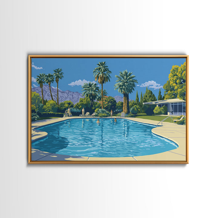 Palm Springs Swimming Pool Framed Canvas Print, Mid Century Modern Wall Art, California Travel Poster, Retro Home Decor Print