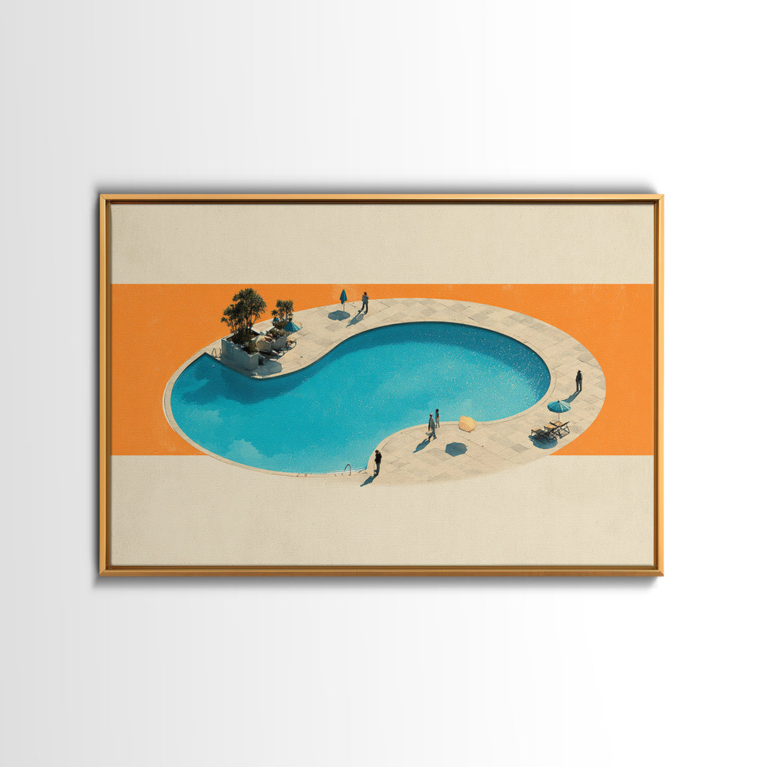 Aerial Kidney Pool With Orange Field Wall Art, Mid Century Modern Canvas Print, Minimalist Retro Home Decor, Pool Poster