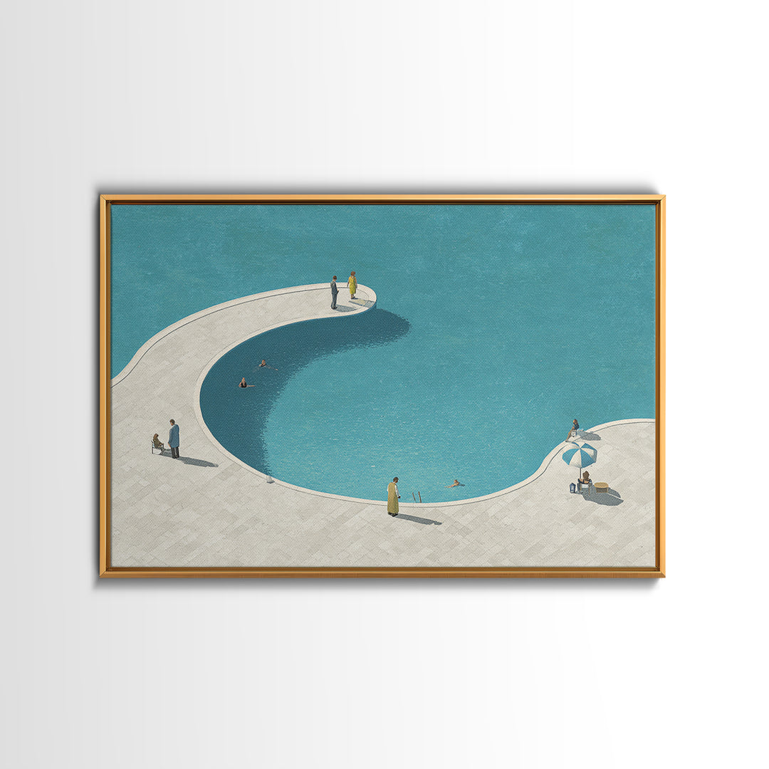 Minimal Curved Pool And Sunbathers Canvas Print, Mid Century Modern Wall Art, Blue Abstract Decor, Retro Summer Poster Print