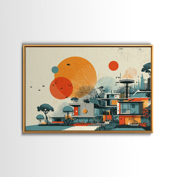 Orange Sun Modernist House And Birds Wall Art, Mid Century Modern Canvas Print, Atomic Desert Architecture Decor Poster Print