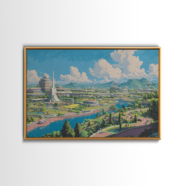 Sunny Retro Future Garden City Canvas Print, Utopian River Skyline, Mountain Landscape, Midcentury Modern Wall Decor Print