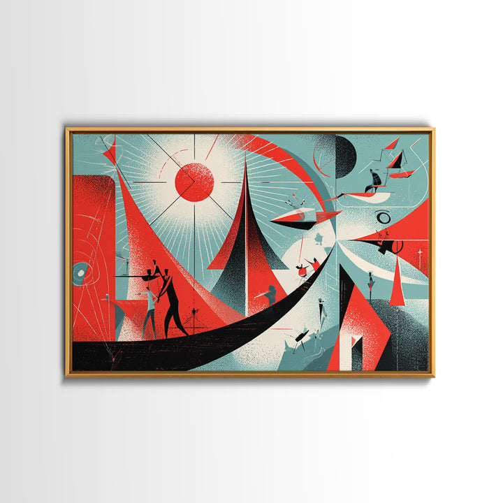 Red Atomic Sailboats And Cosmic Figures Canvas Print, Midcentury Abstract Wall Art, Bauhaus Geometric Retro Poster Decor