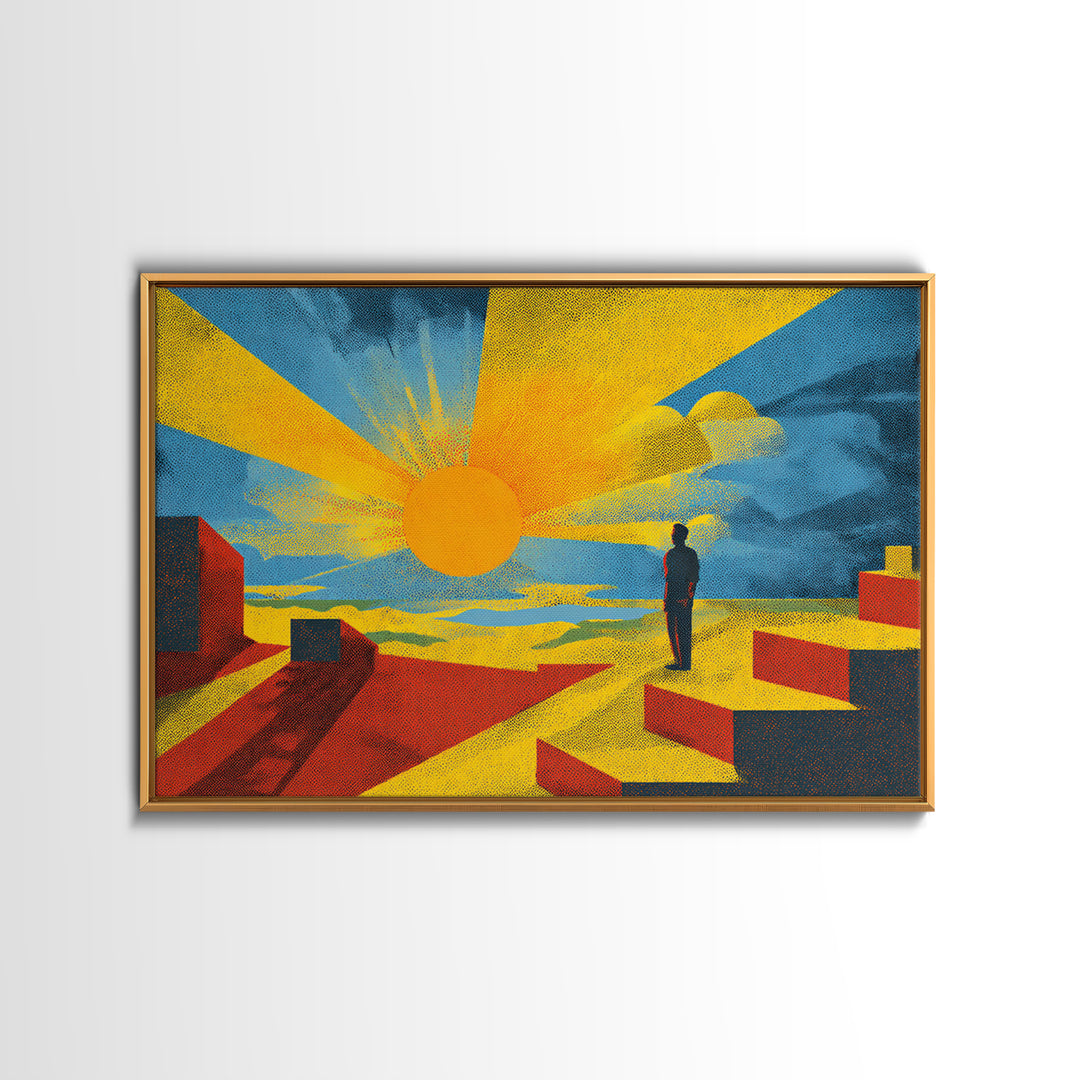 Golden Sun And Lone Figure Geometric Desert Wall Art, Midcentury Modern Abstract Print, Bold Yellow Orange Decor For Living Room