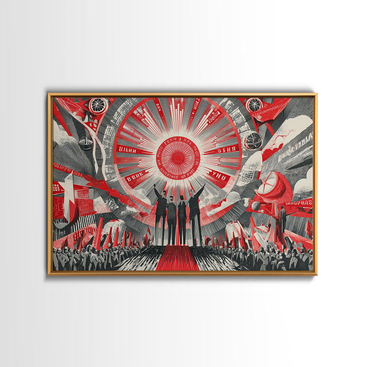 Red Futurist Rally With Rockets And Crowd Wall Art, Soviet Style Space Poster, Retro Sci Fi Propaganda Canvas Print Decor