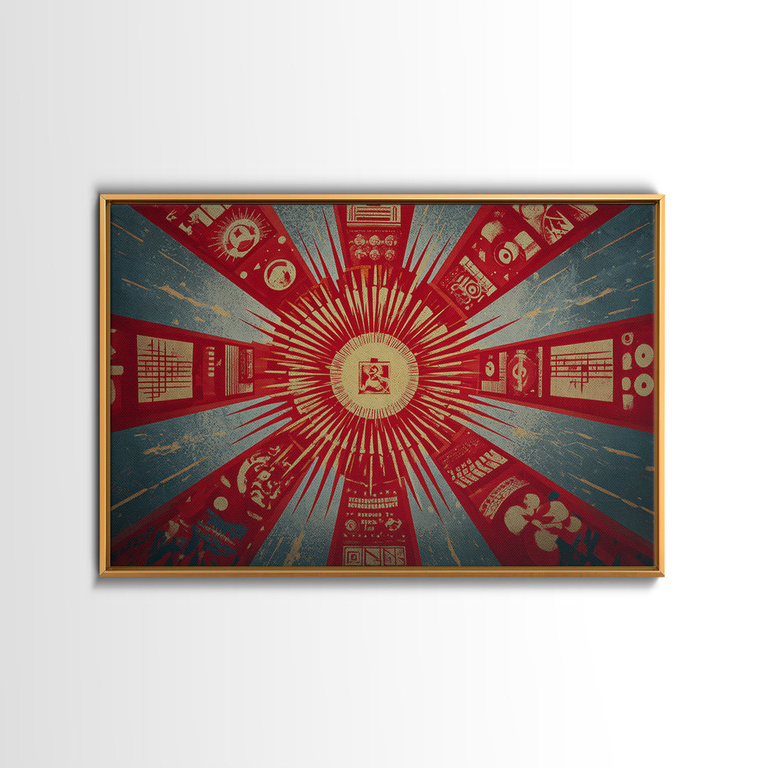 Radial Soviet Science Panels And Red Star Wall Art, Retro Futurist Propaganda Poster, Modern Geometric Canvas Print Decor