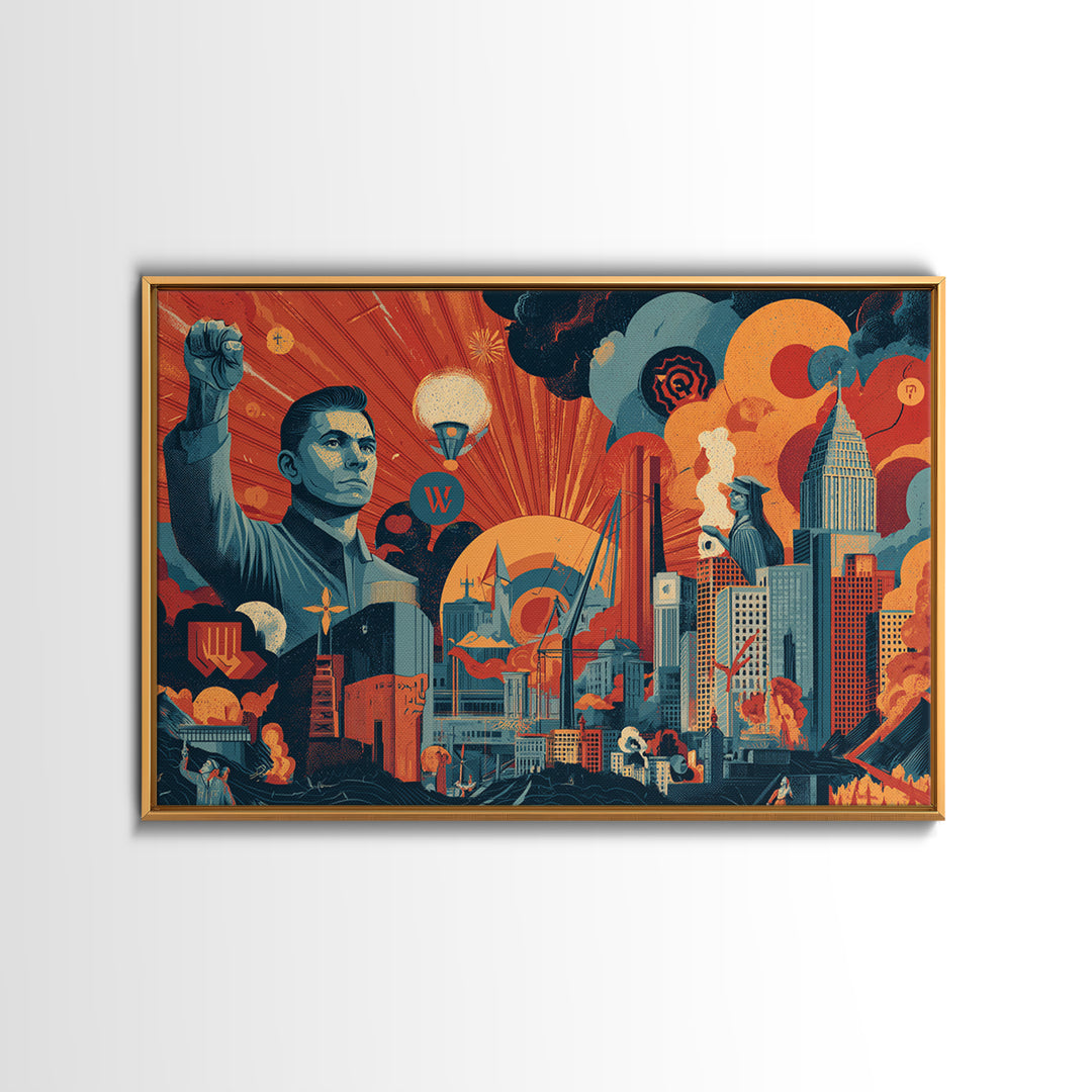 Heroic Retro Futurist Industrial City Wall Art, Midcentury Modern Poster, Bold Orange Teal Sci Fi Canvas Print Office Decor