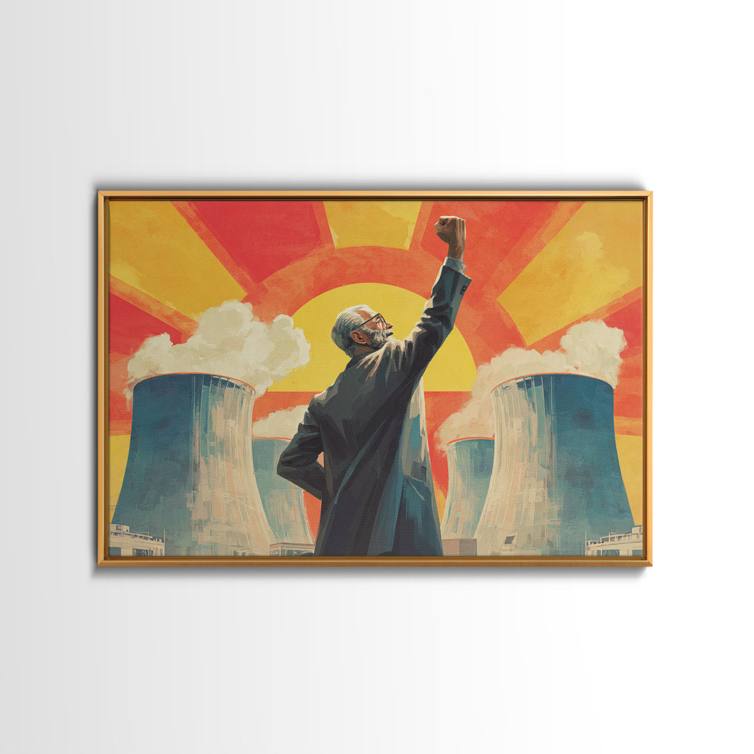 Nuclear Cooling Tower Leader Framed Canvas Print, Retro Political Poster, Midcentury Modern Wall Decor, Atomic Science Art