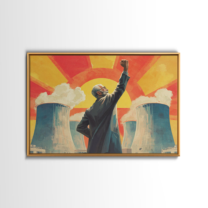 Nuclear Cooling Tower Leader Framed Canvas Print, Retro Political Poster, Midcentury Modern Wall Decor, Atomic Science Art